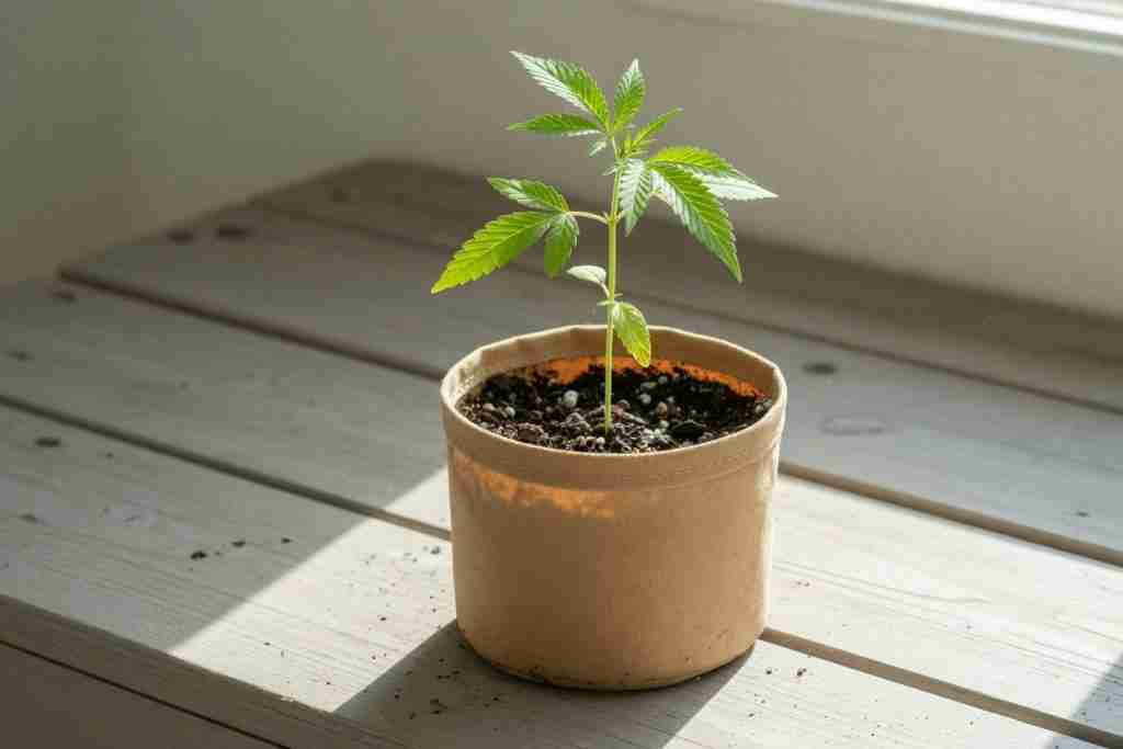 A cannabis seedling in a clean pot