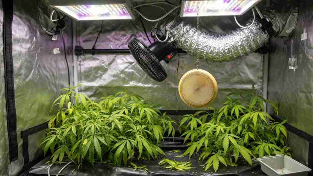Indoor grow tent with hanging analog thermometer, ducting, clip fan, and vegetative cannabis under bright LEDs