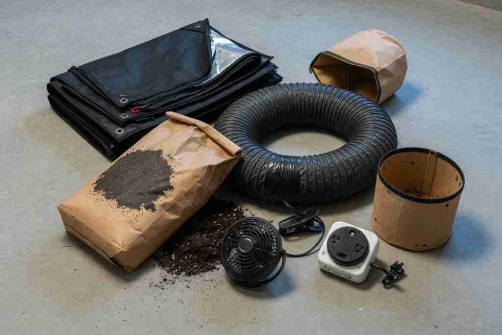 Grow tent fabric, ducting, fabric pots, a clip fan, and soil ready for an indoor setup
