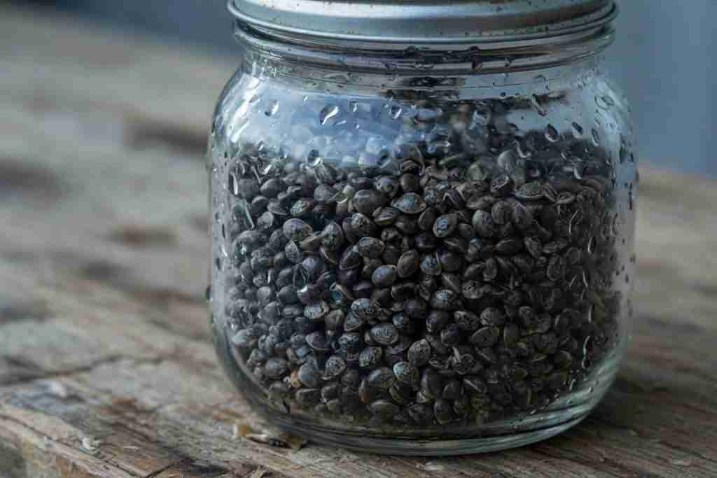 A closed jar of cannabis seeds with fog on the outside of the glass