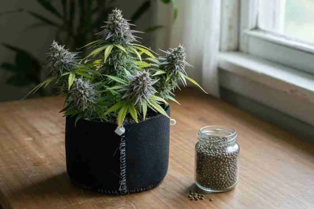 A flowering cannabis plant beside a jar of seeds