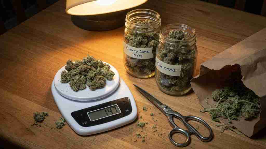Kitchen scale with dried cannabis buds next to mason jars of cured flower