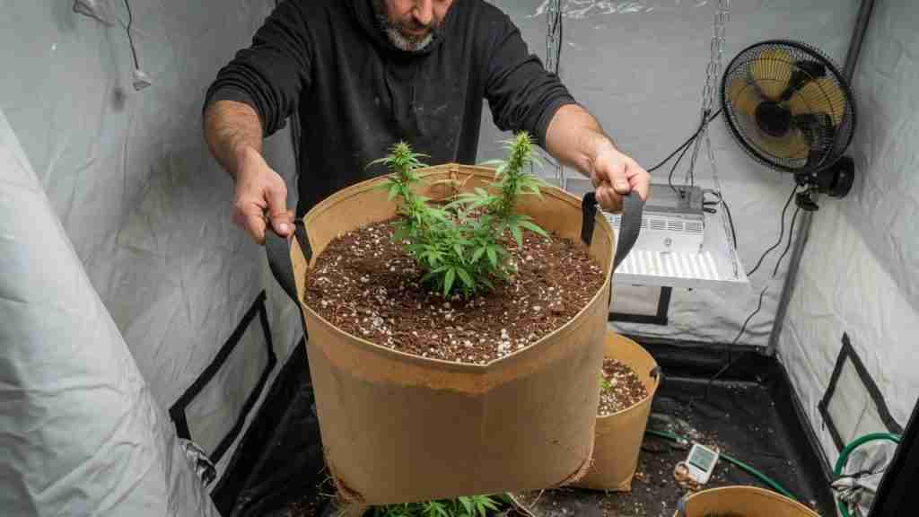 Grower lifting a tan fabric pot of cannabis by the handles to judge dry-back weight in a home grow tent