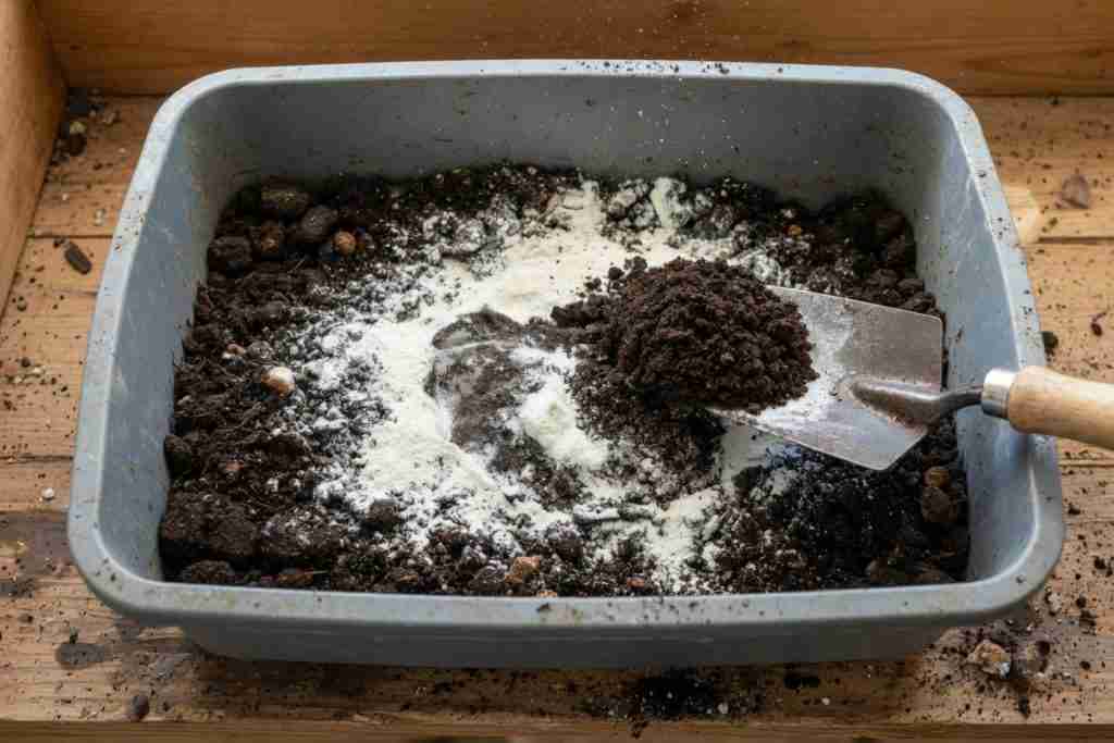 Garden lime powder being folded into dark potting soil with a trowel
