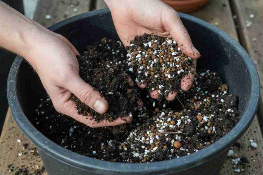 Hands mixing soil, perlite, and granular fertilizer