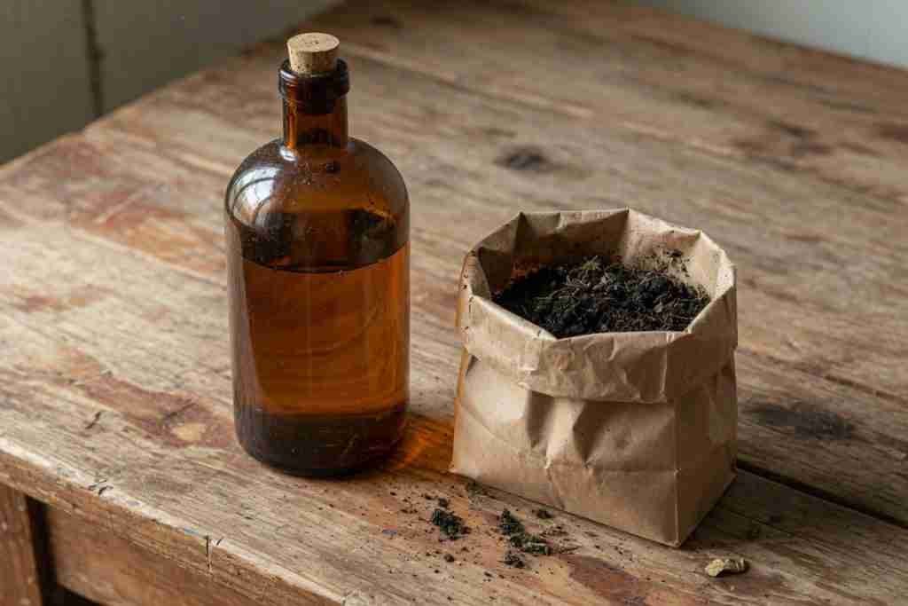 An unlabeled bottle beside a paper bag of soil
