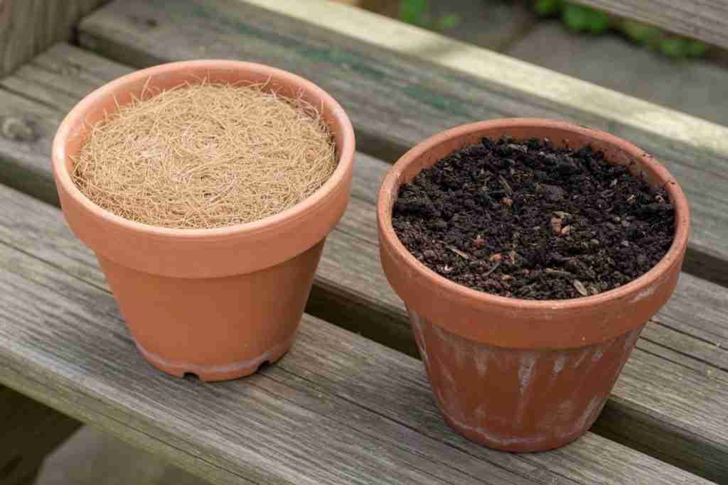 A pot of pale coir beside a pot of dark soil