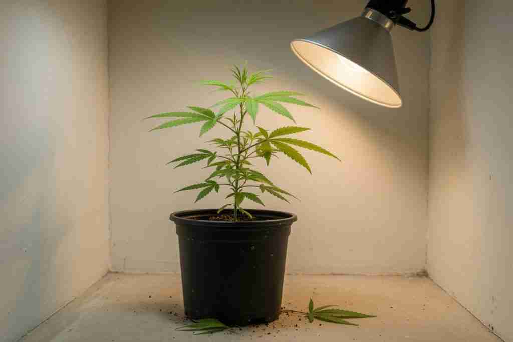 One cannabis plant in an indoor corner