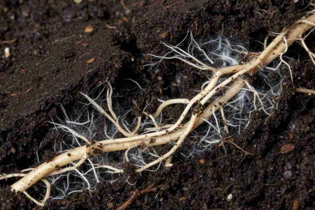 Fine white threads among cannabis roots in dark soil