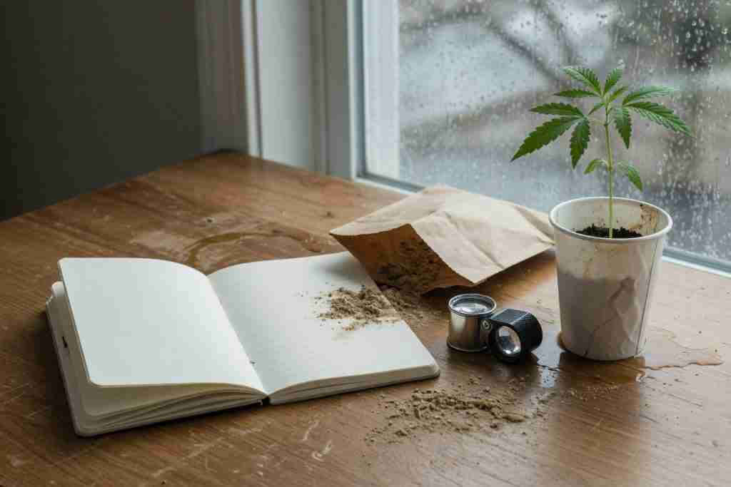 Blank notebook, jeweler loupe, spilled tan powder from a kraft bag, and a cannabis seedling in a paper cup by a rainy window