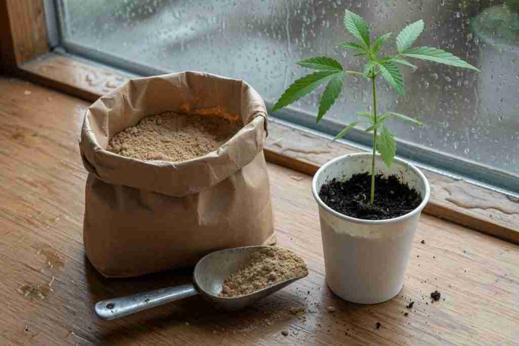 Unlabeled kraft bag of tan inoculant powder with a metal scoop beside a cannabis seedling in a paper cup on a rainy windowsill