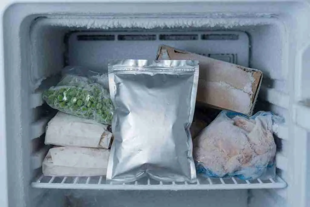 Sealed silver mylar pouch stored in a frosty home freezer