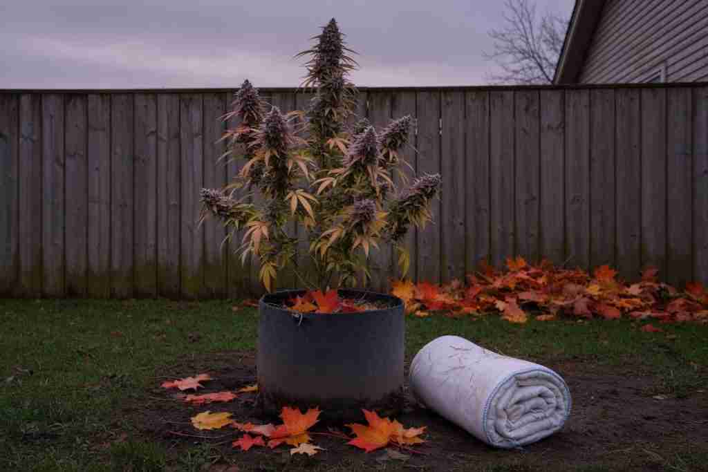 Autumn cannabis plant in a fabric pot with frost cloth rolled beside fallen maple leaves at dusk