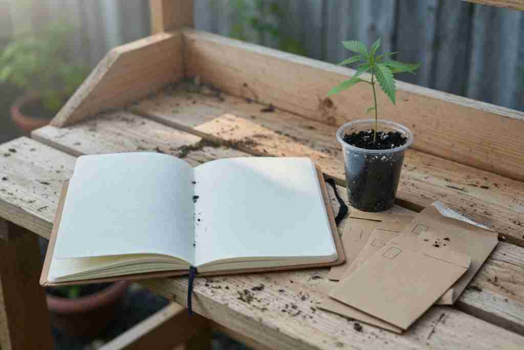 A blank notebook and a cannabis seedling on a potting bench