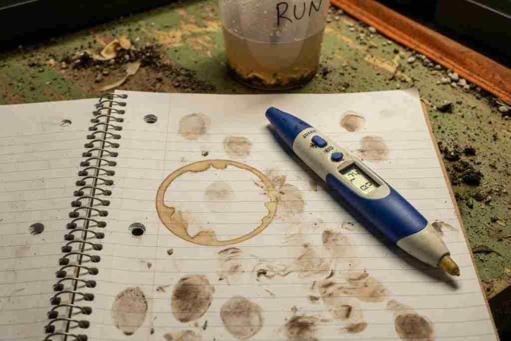 Notebook and pH pen beside a runoff cup on a grow-room table