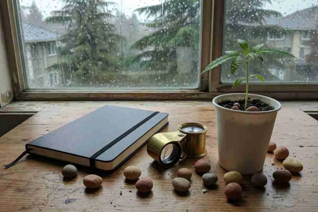Closed notebook, jeweler loupe, and a young cannabis seedling on a wooden table by a rainy Canadian window