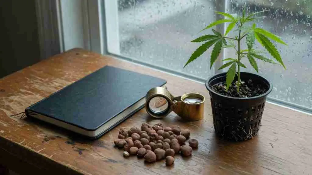 Closed notebook, jeweler loupe, clay pebbles, and a young cannabis plant on a wooden table