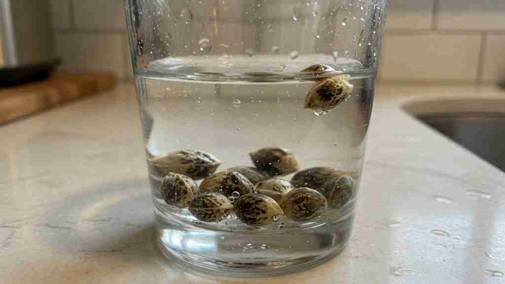 Old cannabis seeds soaking in a glass of water, most sunk, one still floating