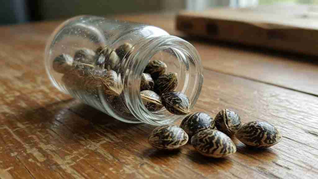 Dark tiger-stripe cannabis seeds spilling from a glass jar on a wooden table