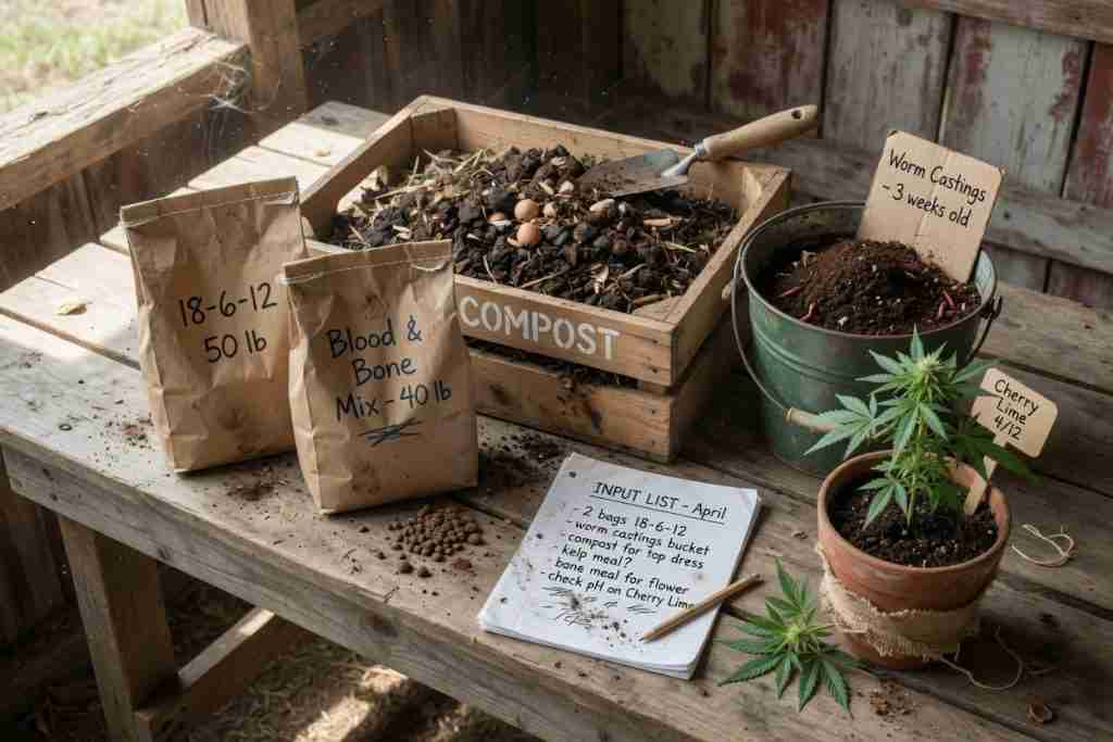 Hand-labeled kraft bags of 18-6-12 and blood and bone mix beside a wooden compost crate, worm castings bucket, input list notebook, and a small potted cannabis plant