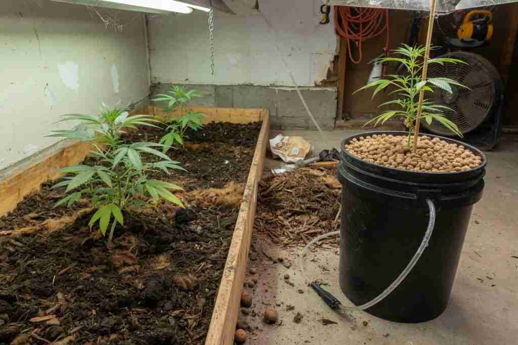 Indoor comparison of cannabis in a wooden soil bed next to a cannabis plant in a black deep-water-culture bucket of clay pebbles with an air line