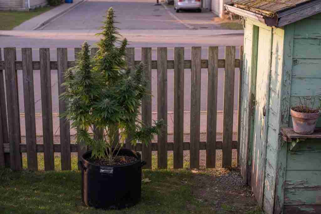 Flowering cannabis plant in a fabric pot beside a weathered fence with a residential street and peeling garden shed