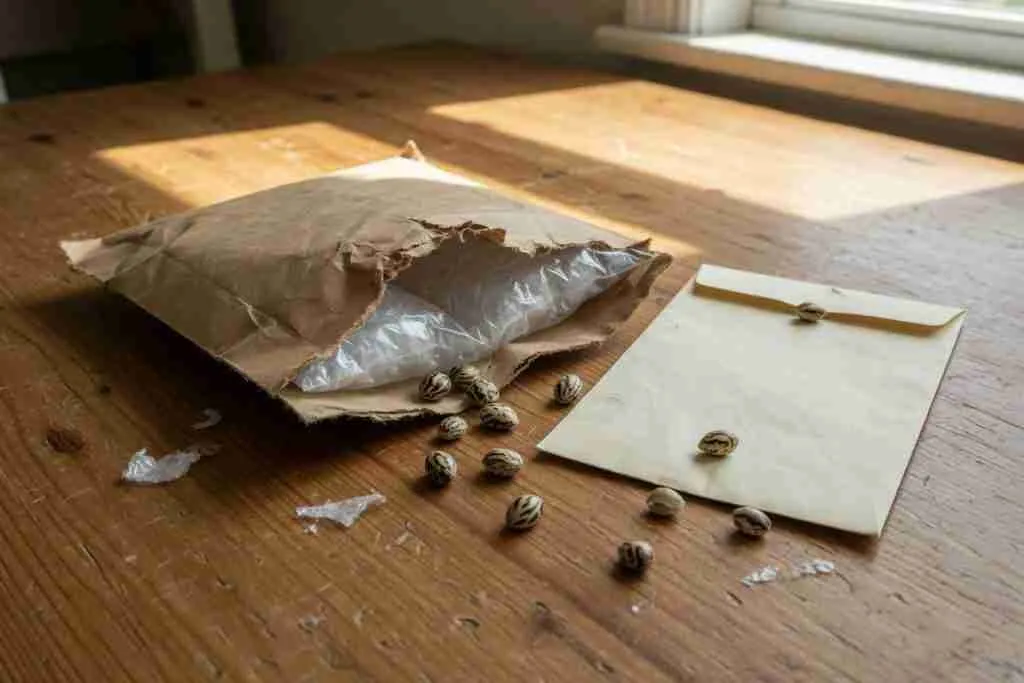 Torn padded mailer and plain seed envelope with cannabis seeds on a table