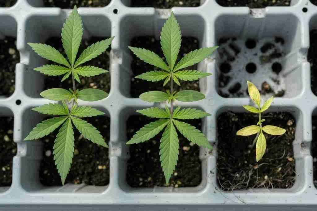 A pale cannabis seedling beside two healthy sisters