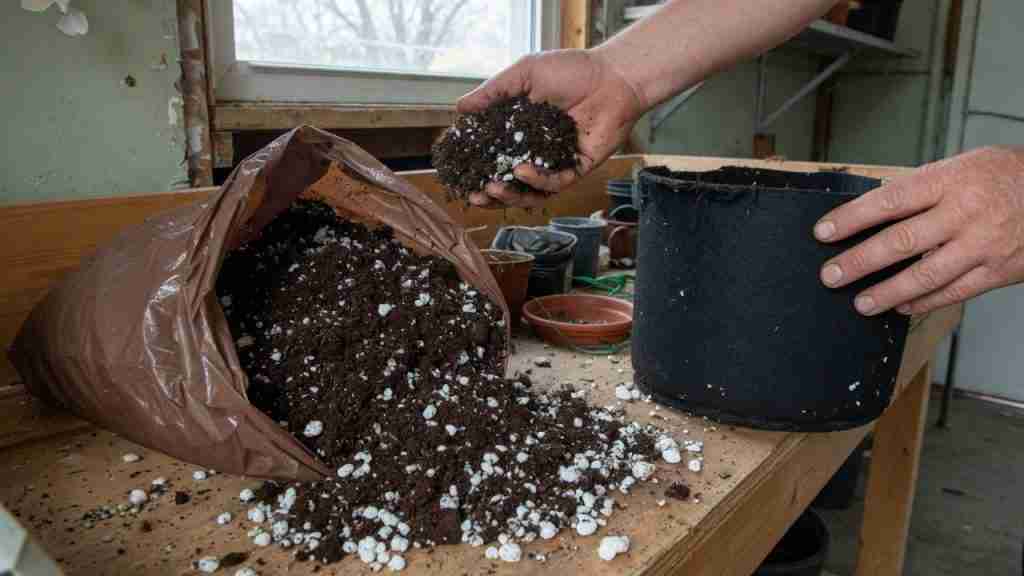Hands scooping dark peat and white perlite from an unlabeled brown bag into a fabric grow pot on a potting bench