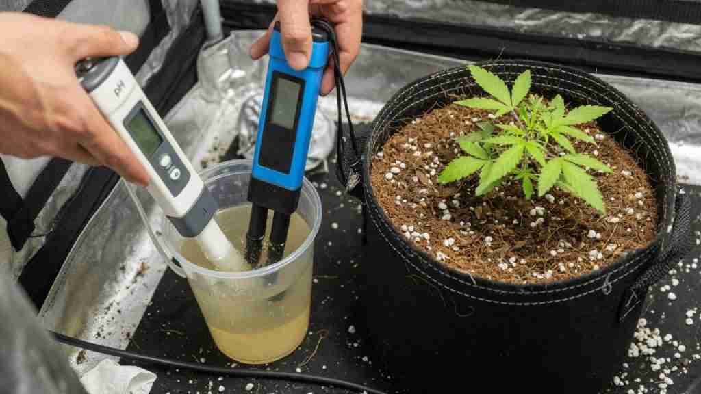 Hands holding pH and EC pens in a cup of runoff beside a fabric pot of coco and a young cannabis plant