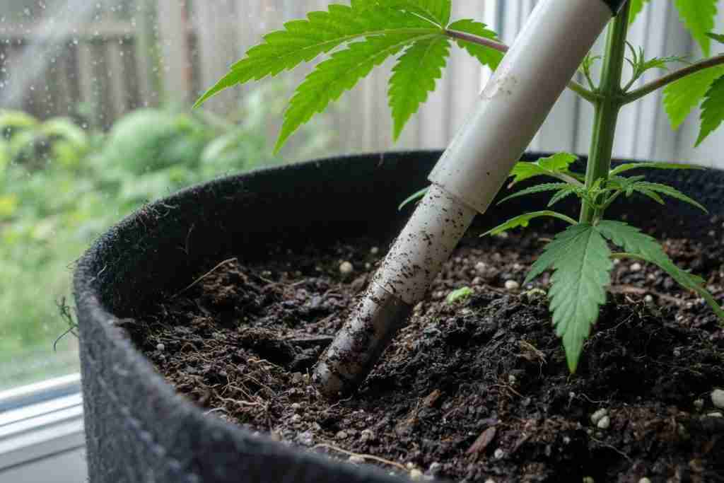 Digital pH probe in the soil of a cannabis plant in a fabric pot