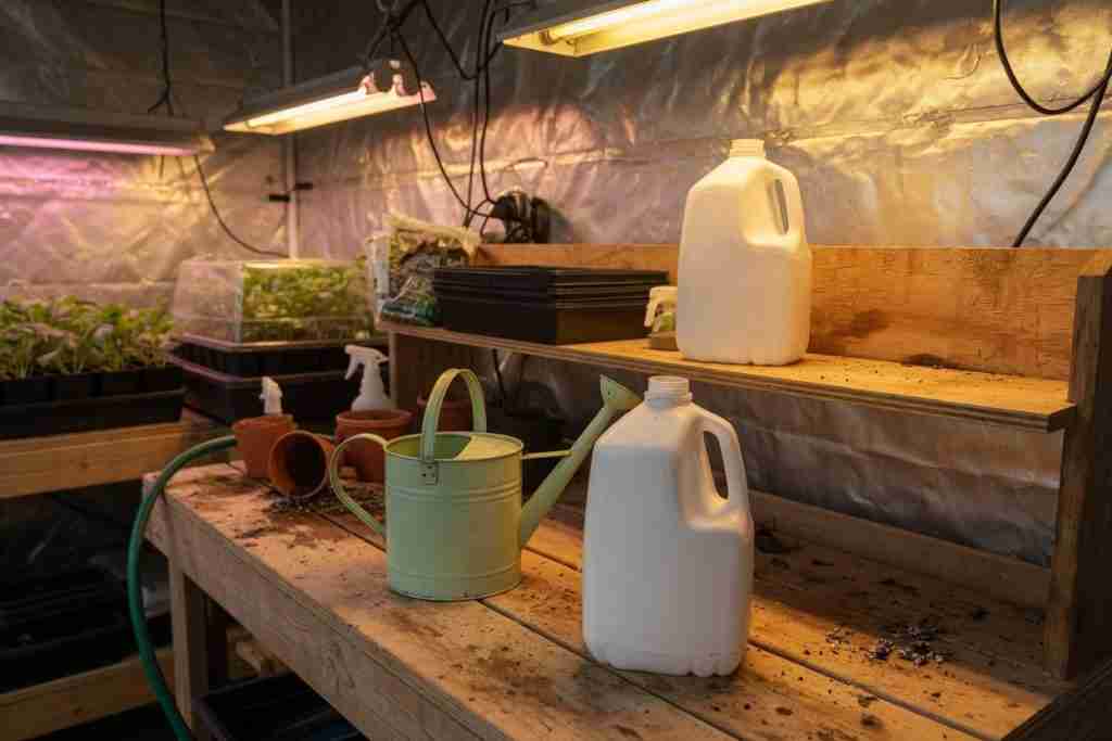 Two plain jugs on a bench, one beside a watering can