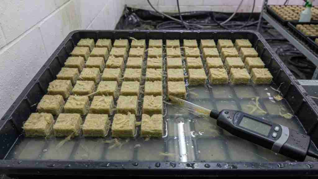 Beige rockwool cubes soaking in a black tray of water with a handheld pH meter in the bath