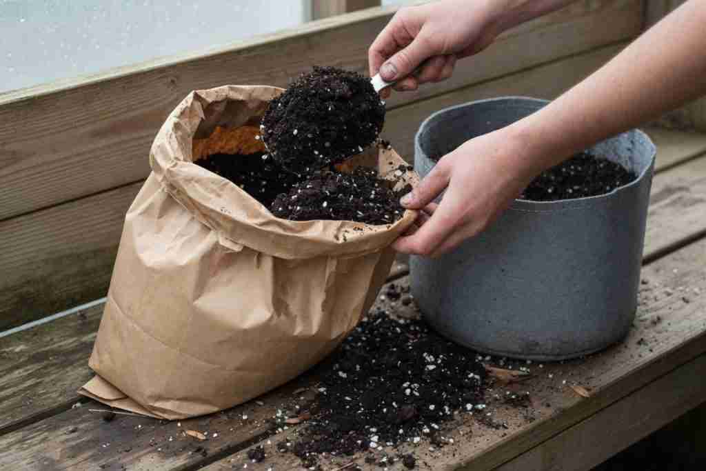 Hands scooping dark potting mix from an unlabeled kraft sack into a grey fabric grow pot on a wooden bench