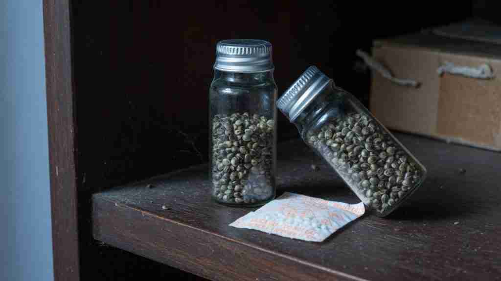 Two sealed glass vials of cannabis seeds with a silica packet on a dark shelf