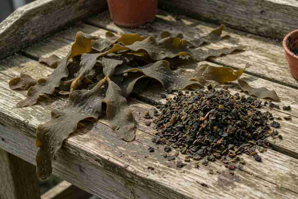 Dried kelp fronds beside a pile of kelp meal