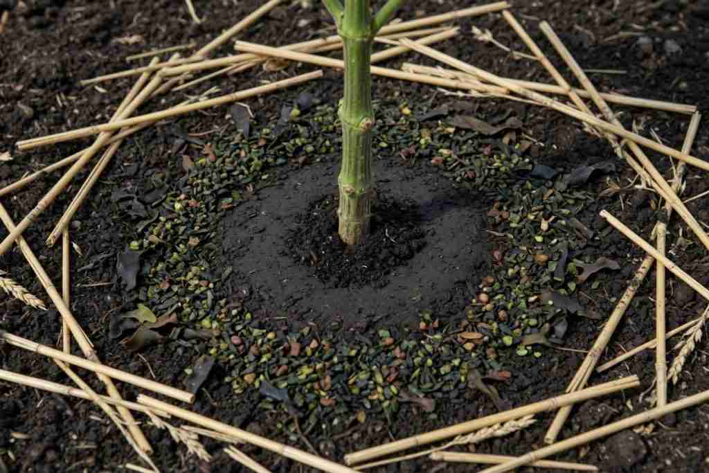Kelp meal on soil a short distance from a cannabis stem