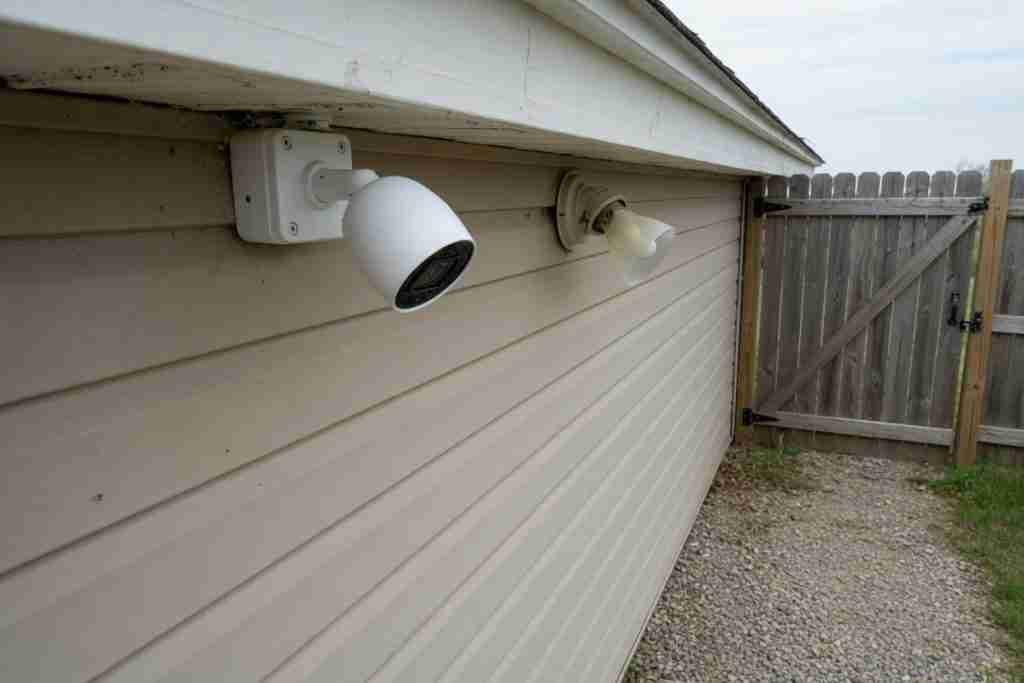 A white camera and a path light under a house eave by a gate