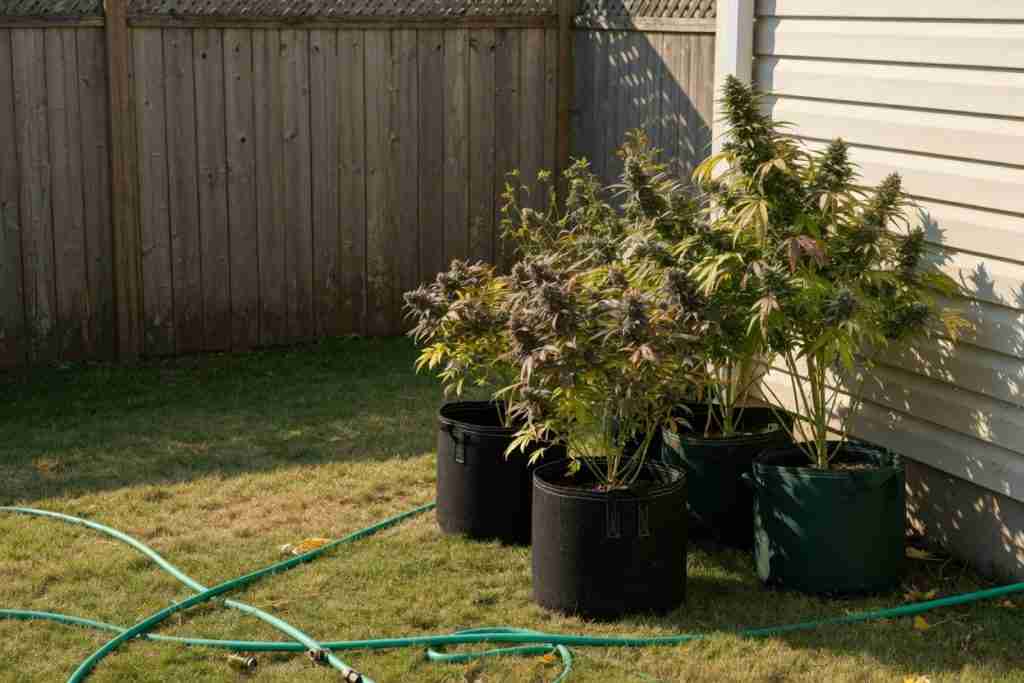 Four potted cannabis plants against a wood fence and house siding