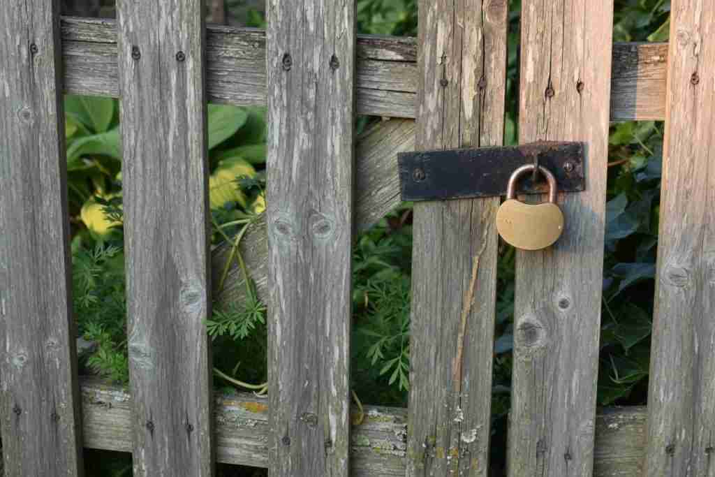 A brass padlock on a weathered wooden garden gate
