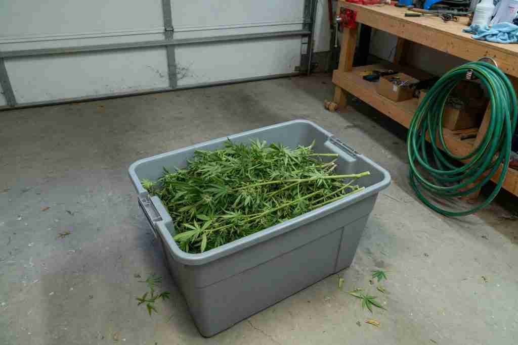 Cut cannabis branches in a tote inside a closed garage