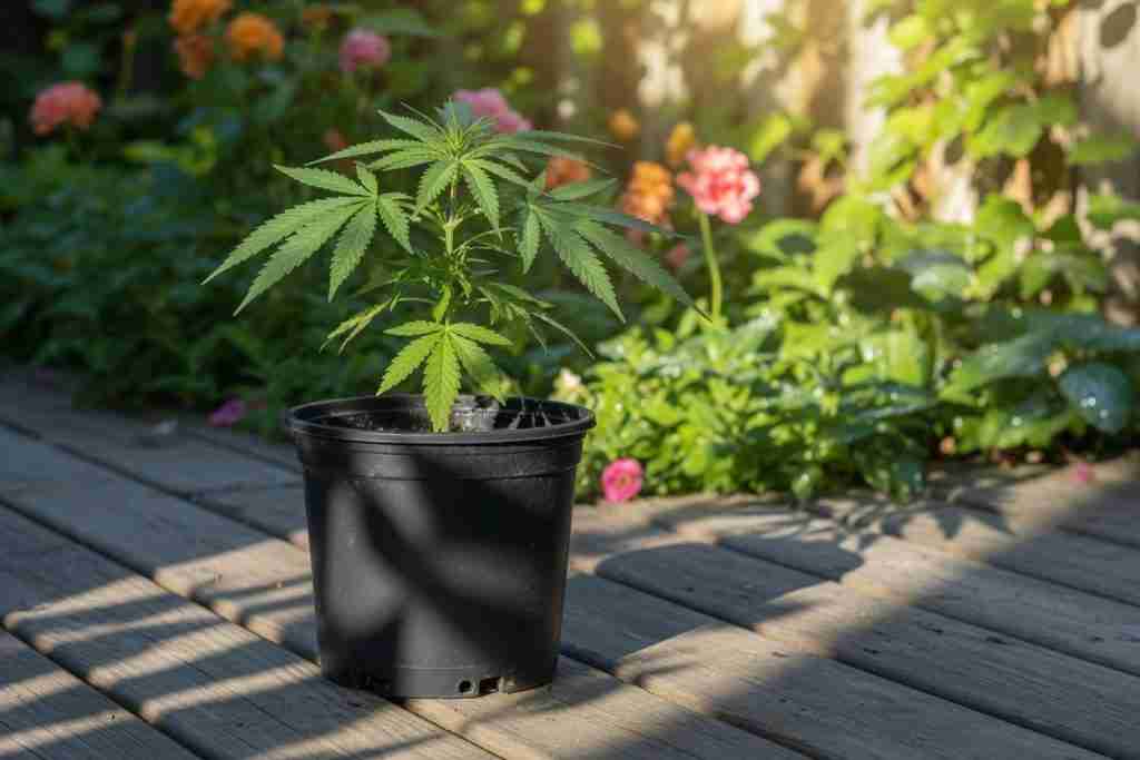 A young cannabis plant in a pot on a shaded deck