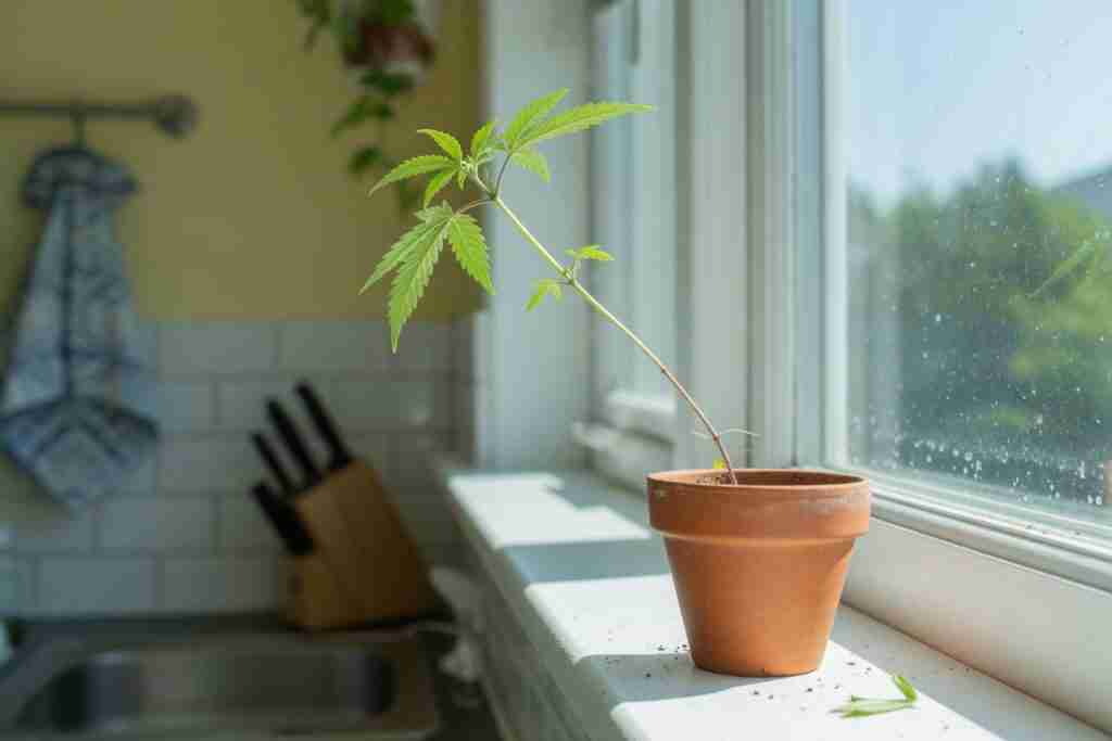 A cannabis plant leaning toward a window