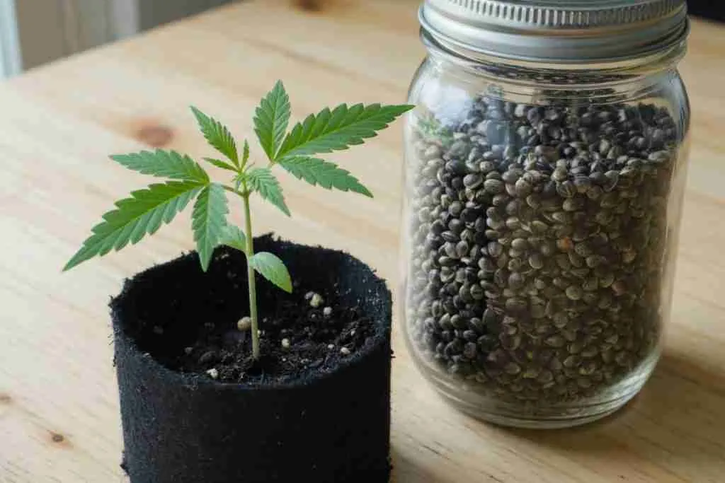 A cannabis seedling beside a closed jar of seeds