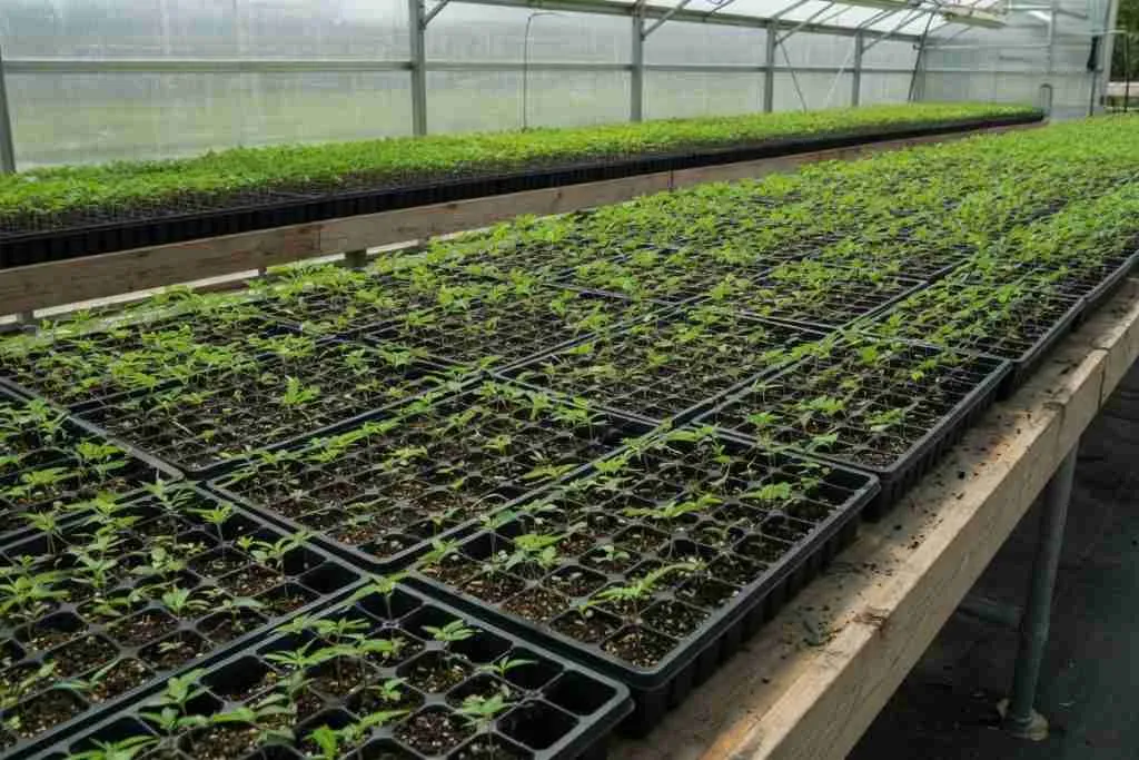 Trays of cannabis seedlings filling a greenhouse bench