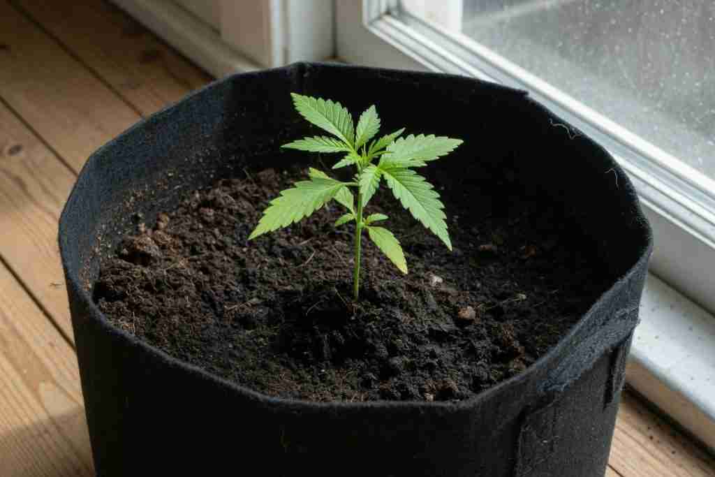 A cannabis seedling in a large fabric pot