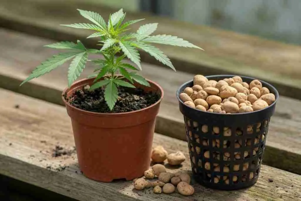 A small cannabis plant beside an empty net pot