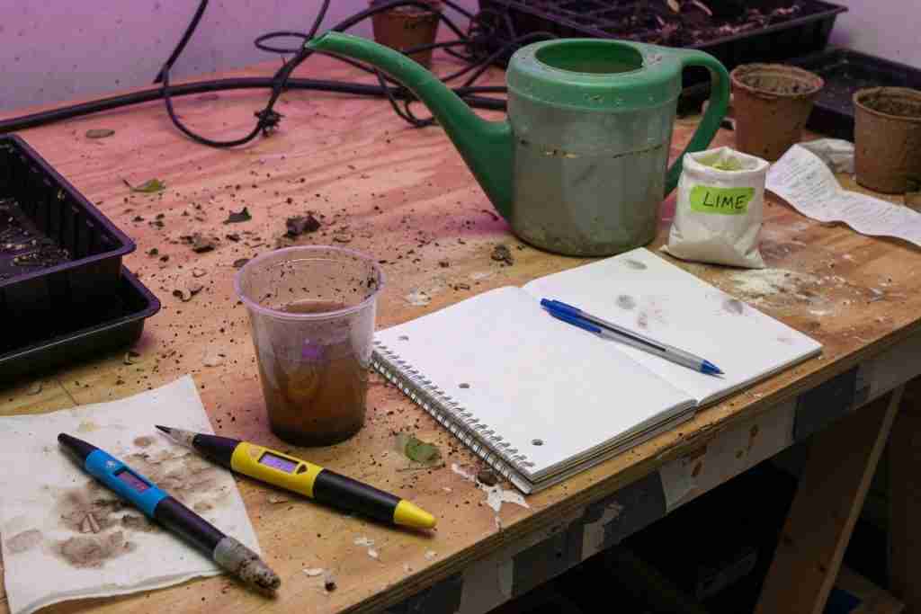 Grow-room workbench with pH pens, runoff cup, lime bag, and watering can