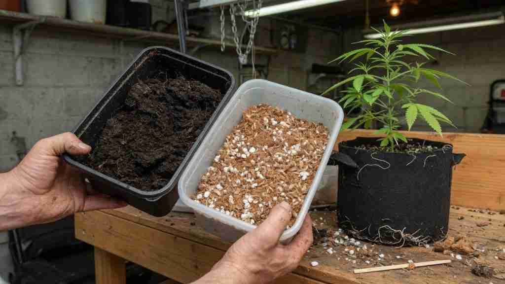Grower holding a tub of dark garden soil beside a tub of coco coir mixed with perlite, with a vegetative cannabis plant in a fabric pot