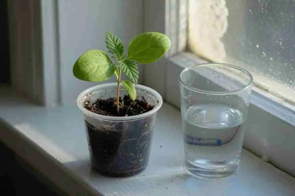A young cannabis seedling beside a glass of plain water